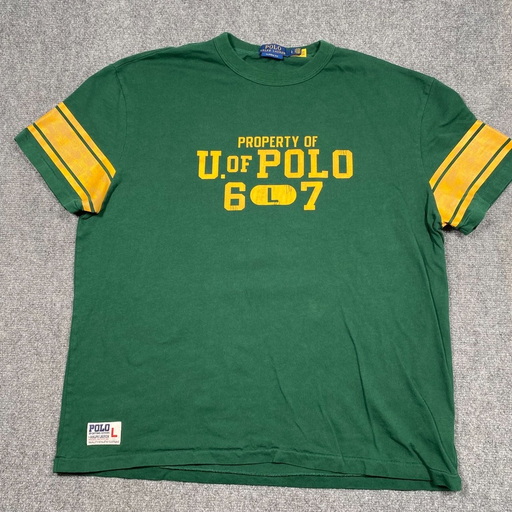 Polo Ralph Lauren Graphic T-SHIRT Green Yellow Distressed Mens L 6 7 University‎
